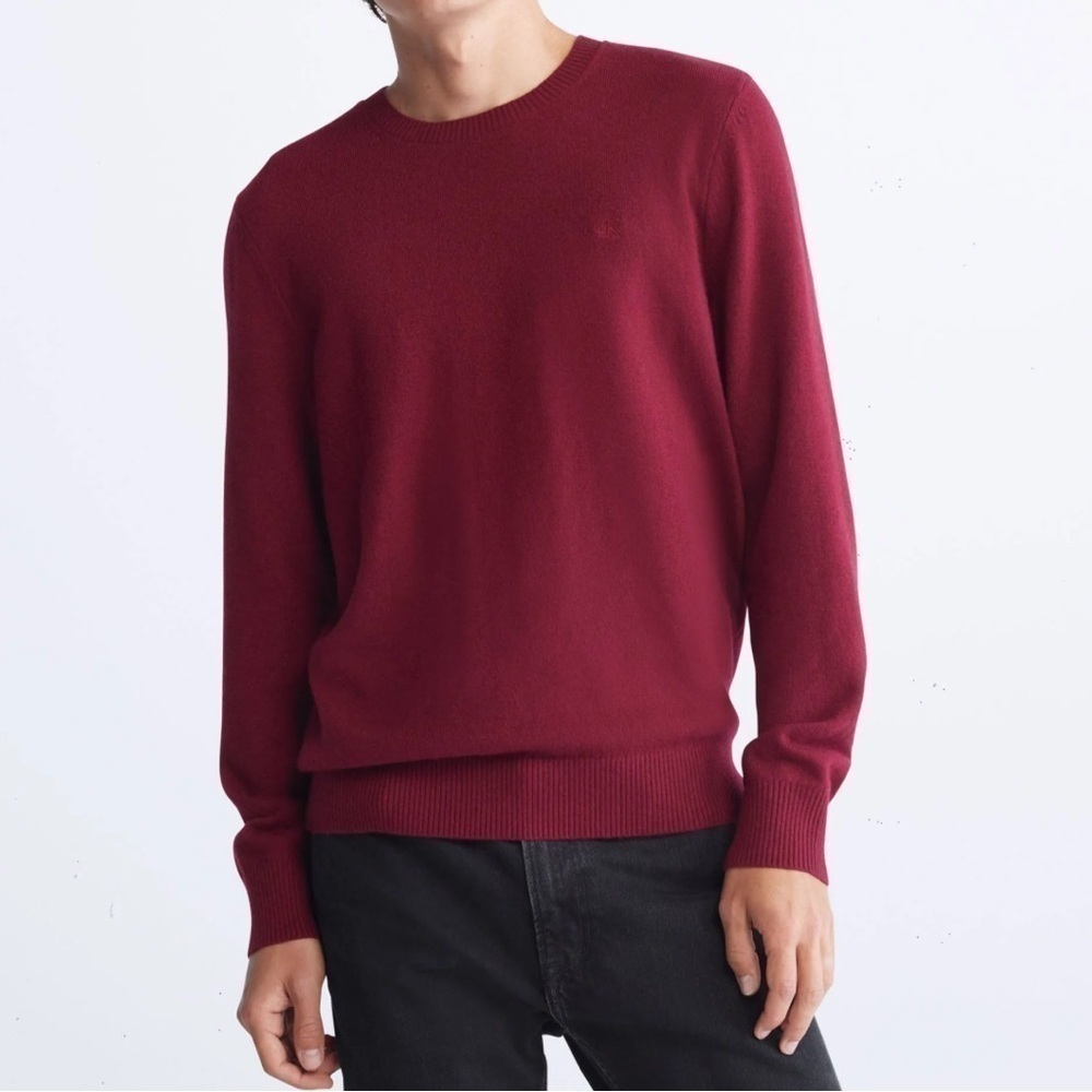 Calvin Klein CK Logo Wool blend Crewneck Classic Holiday Knit Sweater Wine sze M
